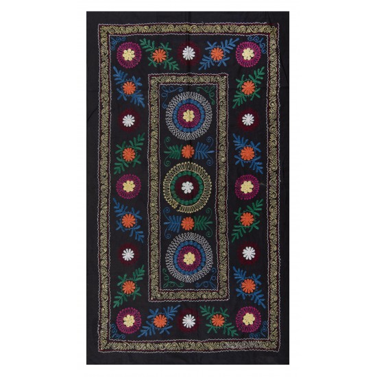 Decorative Silk and Cotton Suzani Wall Hanging in Black, Vintage Uzbek Embroidered Bedspread, Needlework Tapestry