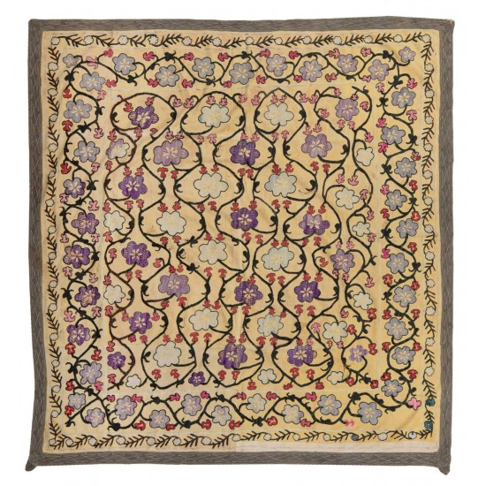 Vintage Silk Wall Hanging, Embroidered Textile, Uzbek Suzani Tablecloth, Wall Decor, Needlework Throw