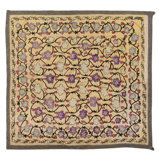 Vintage Silk Wall Hanging, Embroidered Textile, Uzbek Suzani Tablecloth, Wall Decor, Needlework Throw