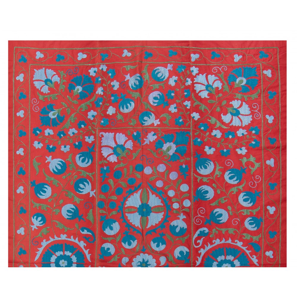 Vintage Wall Hanging, Red Uzbek Tapestry, Embroidered Silk Bed Cover, Unique Throw
