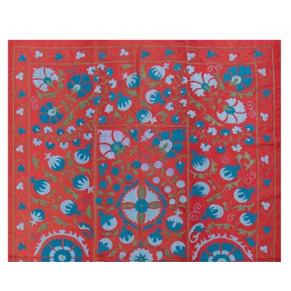 Vintage Wall Hanging. Red Uzbek Tapestry. Embroidered Silk Bed Cover. Unique Throw