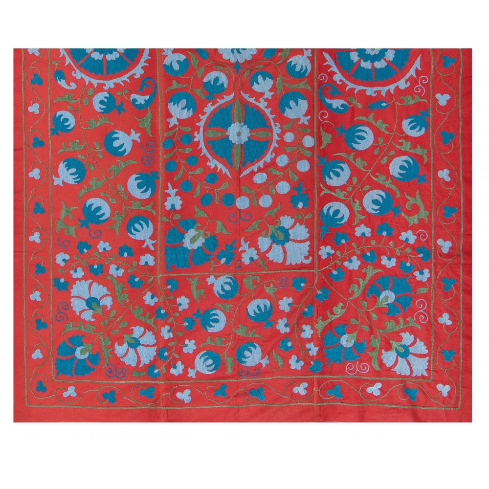 Vintage Wall Hanging, Red Uzbek Tapestry, Embroidered Silk Bed Cover, Unique Throw