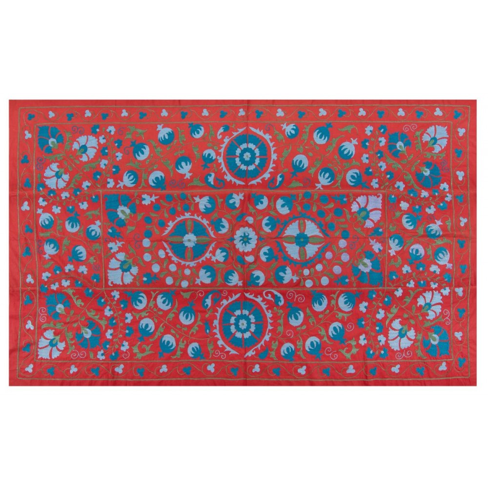 Vintage Wall Hanging, Red Uzbek Tapestry, Embroidered Silk Bed Cover, Unique Throw