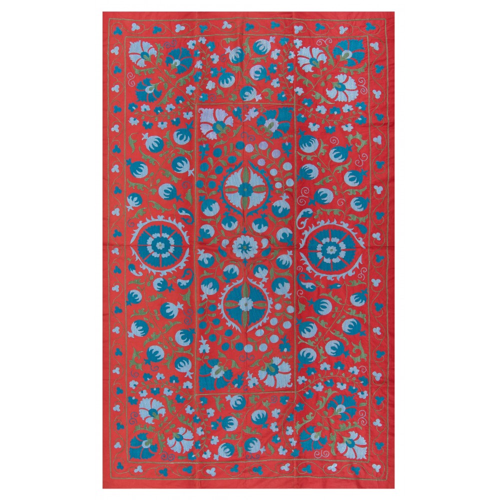 Vintage Wall Hanging, Red Uzbek Tapestry, Embroidered Silk Bed Cover, Unique Throw