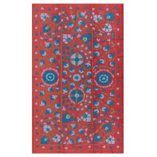 Vintage Wall Hanging. Red Uzbek Tapestry. Embroidered Silk Bed Cover. Unique Throw