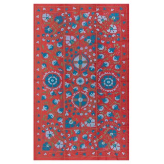Vintage Wall Hanging. Red Uzbek Tapestry. Embroidered Silk Bed Cover. Unique Throw