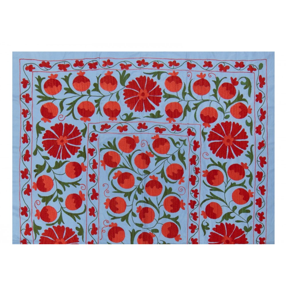 Uzbek Wall Hanging, Embroidered Silk Bed Cover, Boho Wall Decor, New Tapestry in Light Blue