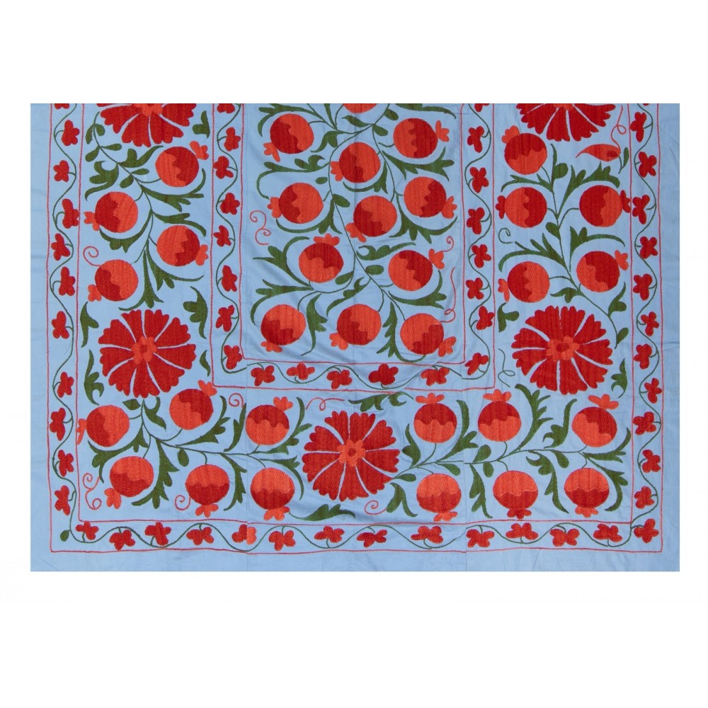 Uzbek Wall Hanging, Embroidered Silk Bed Cover, Boho Wall Decor, New Tapestry in Light Blue