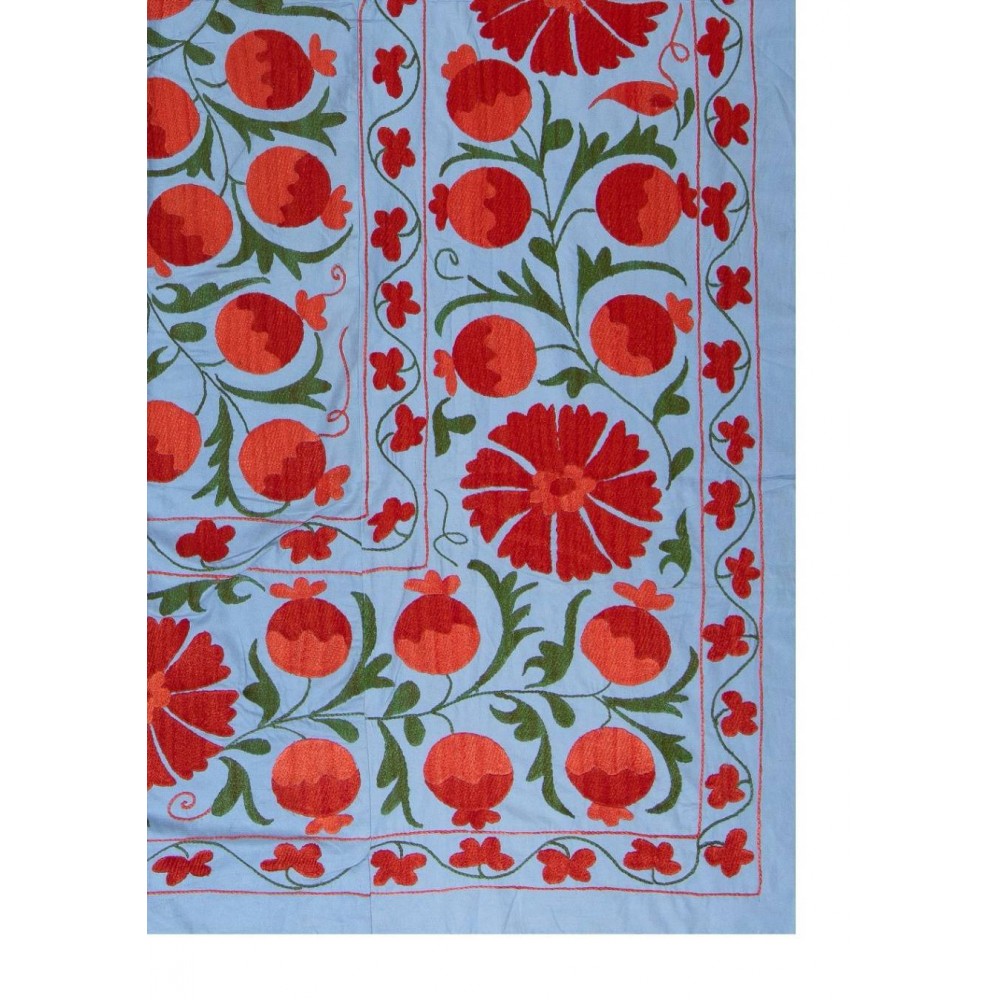 Uzbek Wall Hanging, Embroidered Silk Bed Cover, Boho Wall Decor, New Tapestry in Light Blue