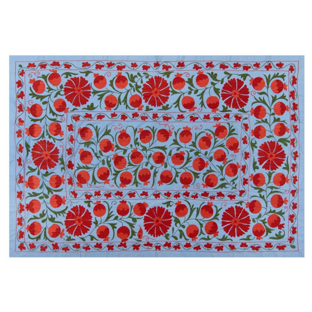 Uzbek Wall Hanging, Embroidered Silk Bed Cover, Boho Wall Decor, New Tapestry in Light Blue