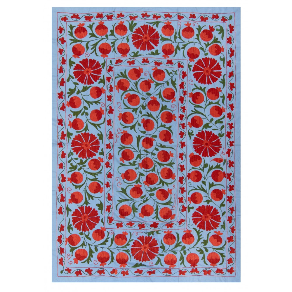 Uzbek Wall Hanging, Embroidered Silk Bed Cover, Boho Wall Decor, New Tapestry in Light Blue