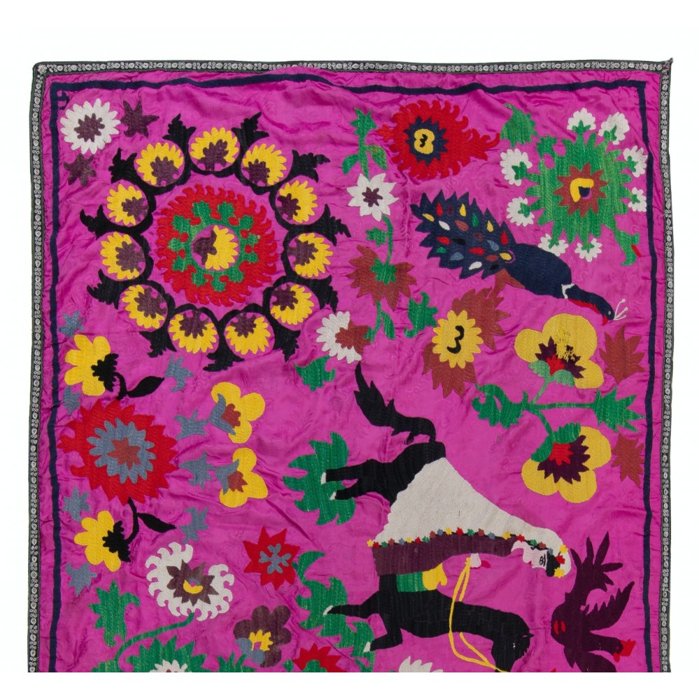 Silk Embroidery Pictorial Wall Hanging, Pink Vintage Tapestry, Boho Wall Decor