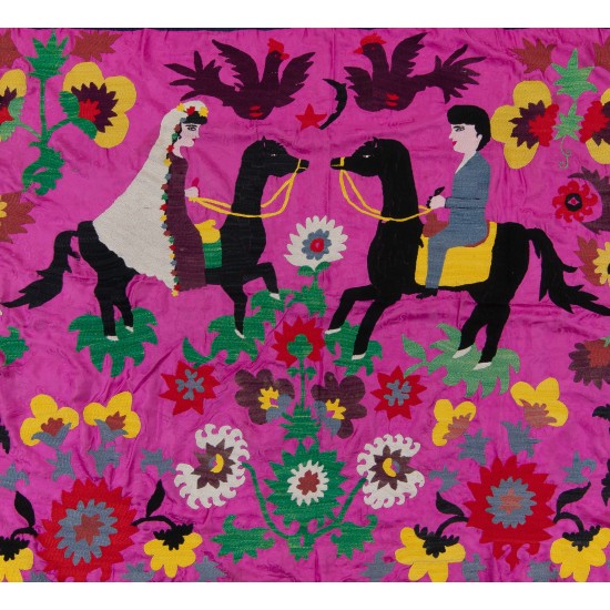 Central Asian Suzani Textile. Embroidered Cotton & Silk Bed Cover, Wall Hanging Central Asian Suzani Textile. Embroidered Cotton & Silk Bed Cover, Wall Hanging