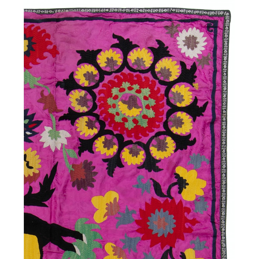Silk Embroidery Pictorial Wall Hanging, Pink Vintage Tapestry, Boho Wall Decor