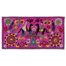 Vintage Silk Embroidery Pictorial Wall Hanging. Pink Color Tapestry. Boho Wall Decor