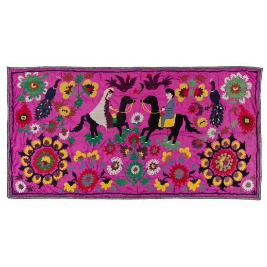 Central Asian Suzani Textile. Embroidered Cotton & Silk Bed Cover, Wall Hanging Central Asian Suzani Textile. Embroidered Cotton & Silk Bed Cover, Wall Hanging