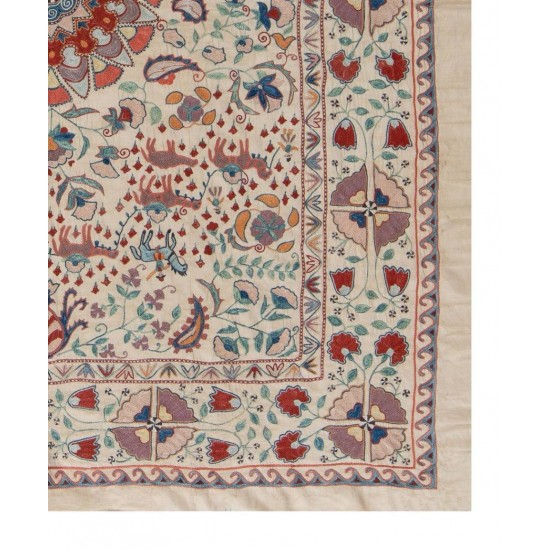 100% Silk Suzani Bedspread from Uzbekistan, Embroidered Wall Hanging