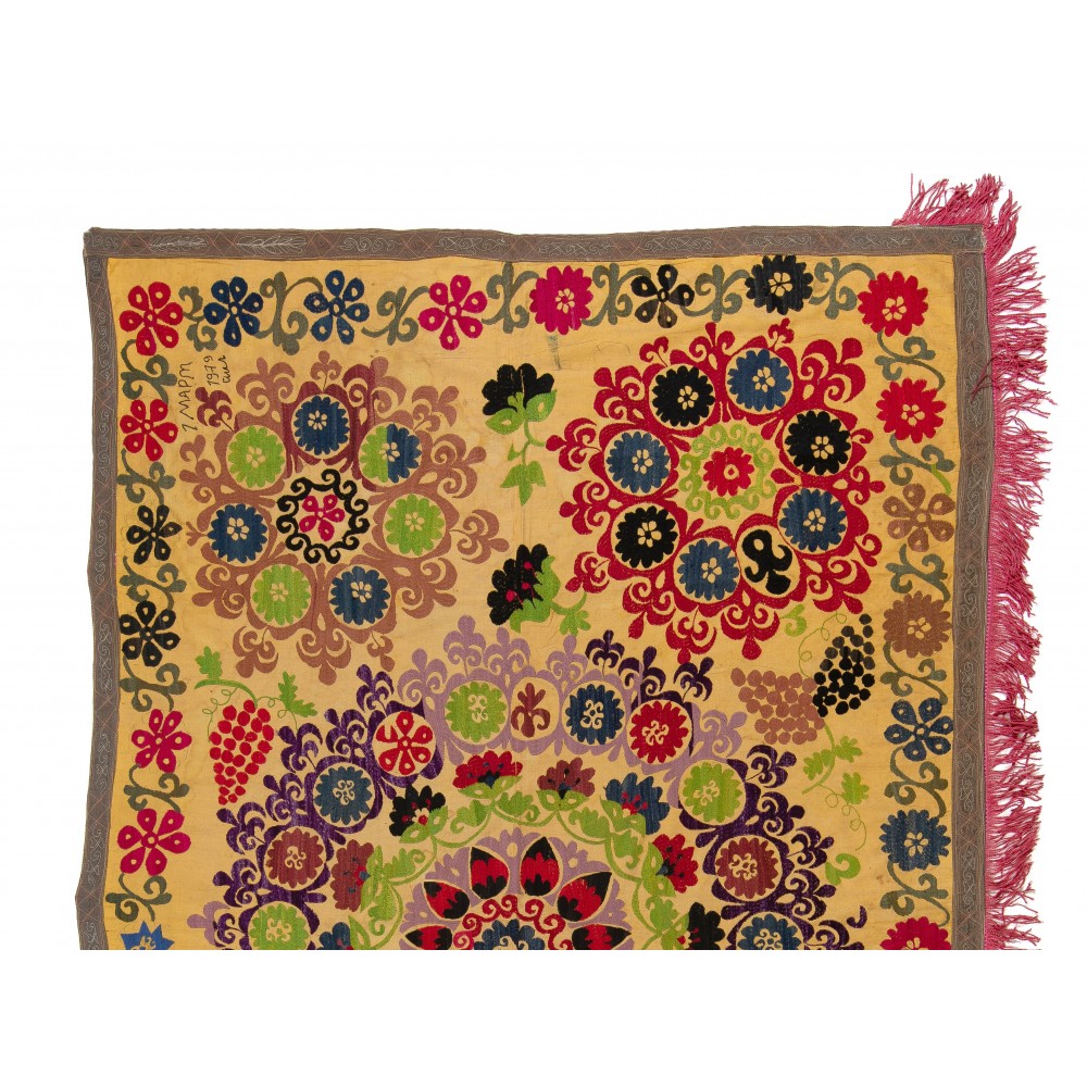 Suzani 1979s Tapestry, Silk Embroidered Wall Hanging, Yellow Bedspread, Vintage Throw