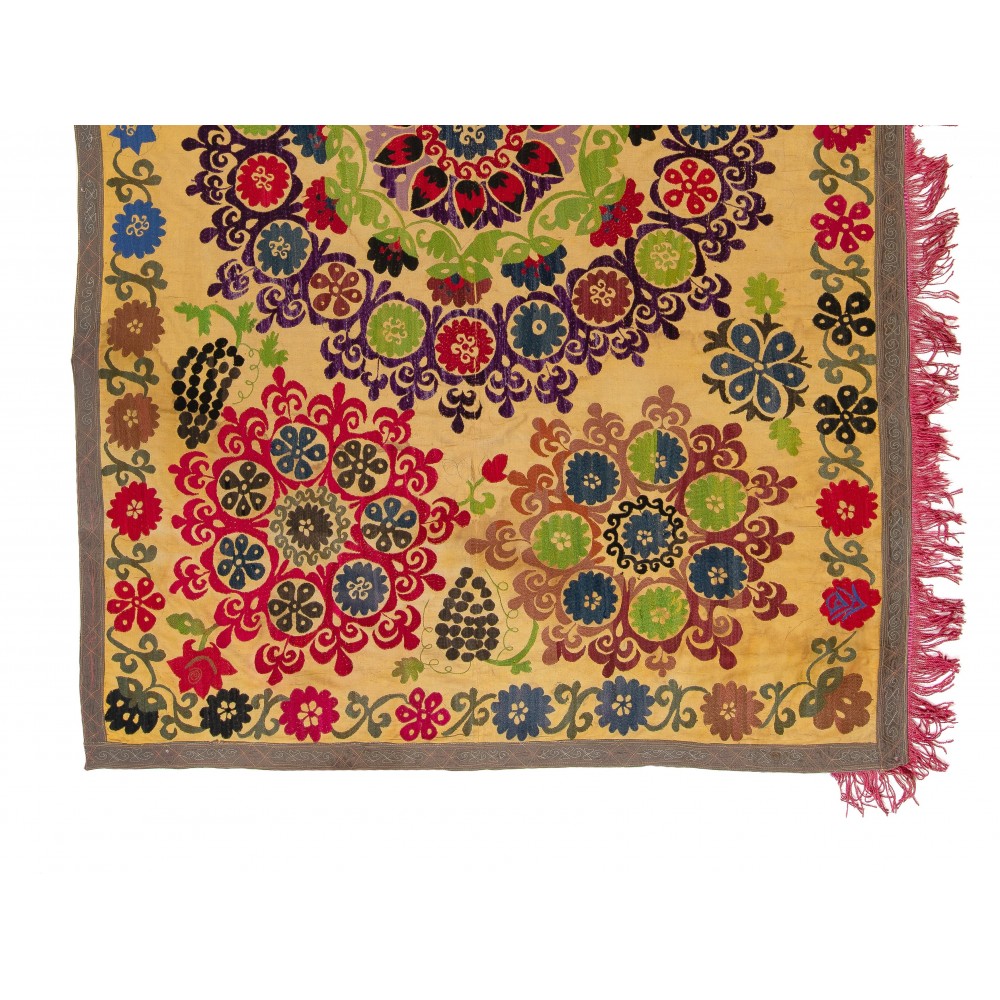 Suzani 1979s Tapestry, Silk Embroidered Wall Hanging, Yellow Bedspread, Vintage Throw