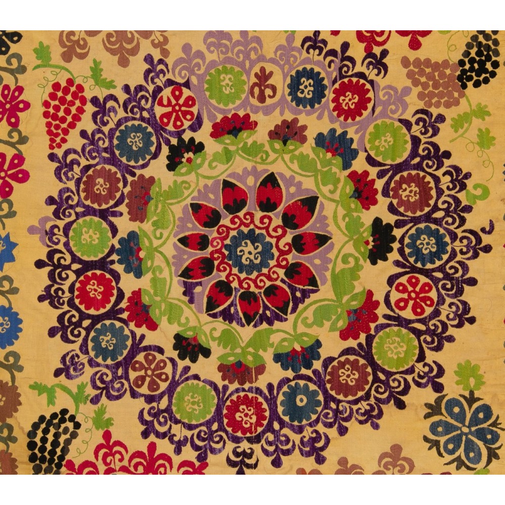 Suzani 1979s Tapestry, Silk Embroidered Wall Hanging, Yellow Bedspread, Vintage Throw
