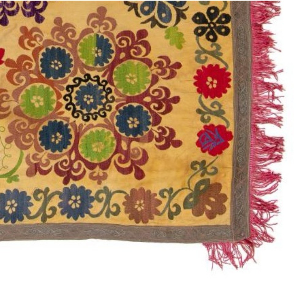Suzani 1979s Tapestry, Silk Embroidered Wall Hanging, Yellow Bedspread, Vintage Throw