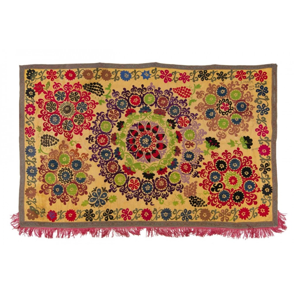 Suzani 1979s Tapestry, Silk Embroidered Wall Hanging, Yellow Bedspread, Vintage Throw