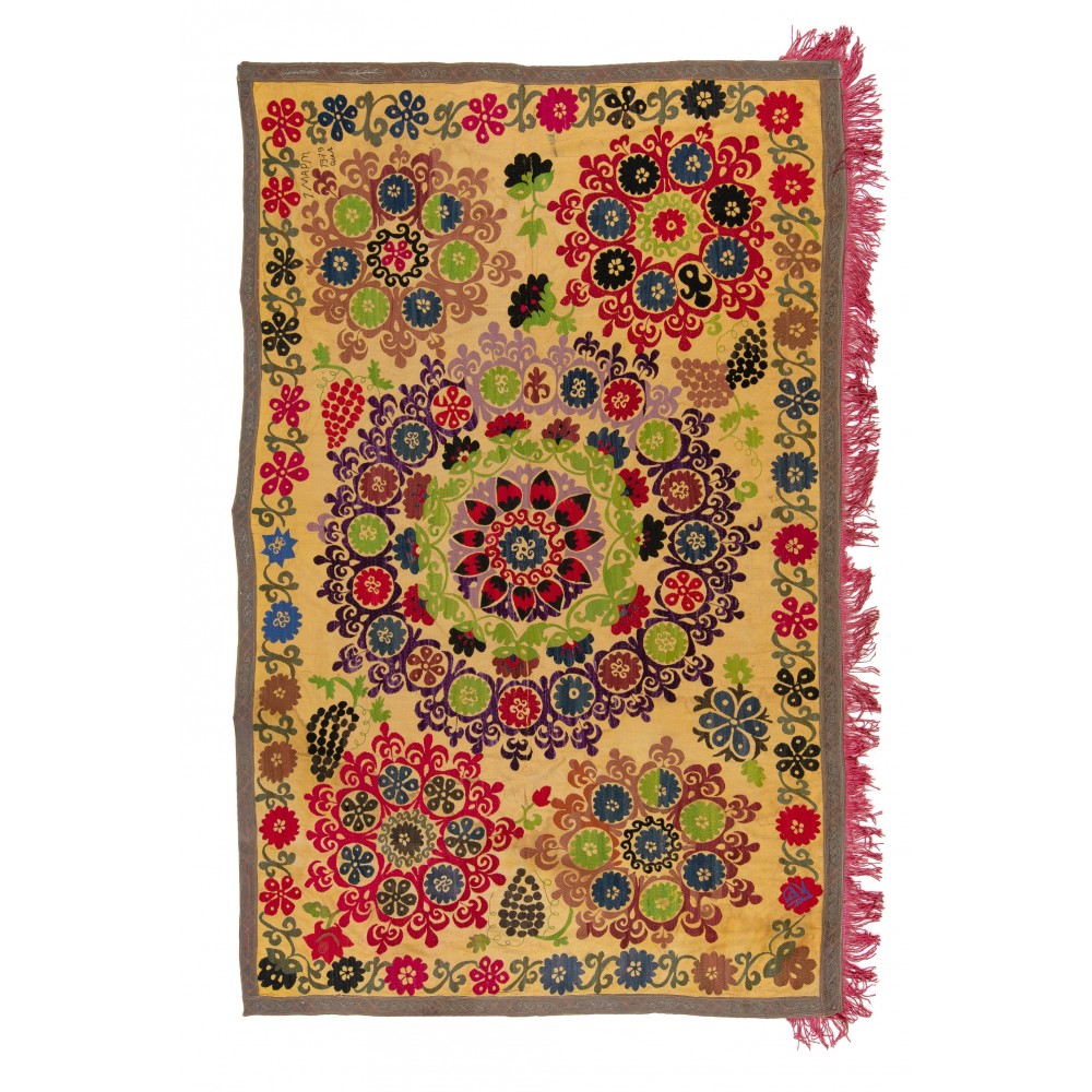 Suzani 1979s Tapestry, Silk Embroidered Wall Hanging, Yellow Bedspread, Vintage Throw