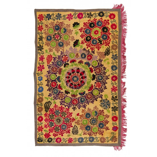 Central Asian Suzani Textile Wall Hanging in Yellow. Embroidered Cotton & Silk Bed Cover, Boho Wall Decor