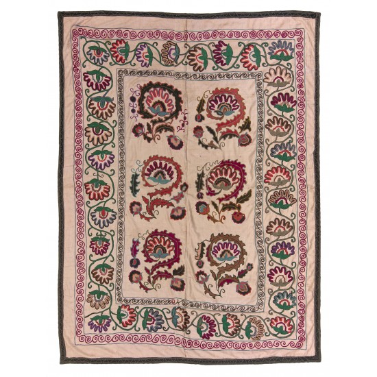 Central Asian Suzani Textile. Embroidered Cotton & Silk Bed Cover, Wall Hanging Central Asian Suzani Textile. Embroidered Cotton & Silk Bed Cover, Wall Hanging