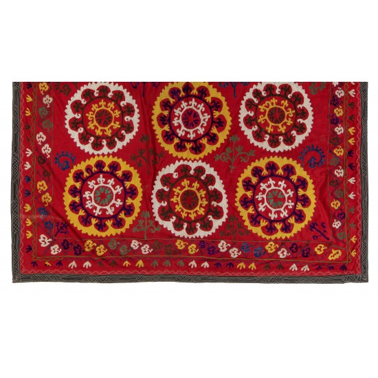 Vintage Bedspread, Red Throw, Silk Wall Hanging, Embroidered Tapestry