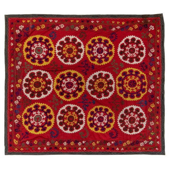 Vintage Bedspread, Red Throw, Silk Wall Hanging, Embroidered Tapestry