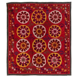 Vintage Bedspread. Red Throw. Silk Wall Hanging. Embroidered Tapestry
