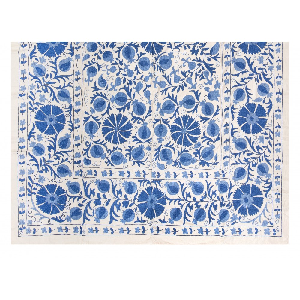 Silk Hand Embroidered Uzbek Suzani Wall Hanging in Cream & Light Blue
