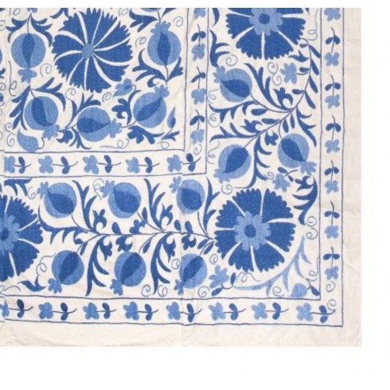 Silk Hand Embroidered Uzbek Suzani Wall Hanging in Cream & Light Blue