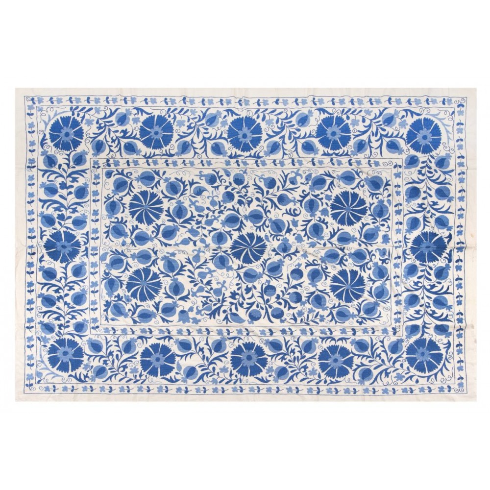 Silk Hand Embroidered Uzbek Suzani Wall Hanging in Cream & Light Blue