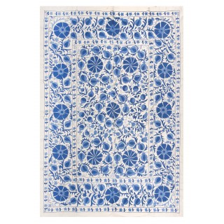 Silk Hand Embroidered Uzbek Suzani Wall Hanging in Cream & Light Blue