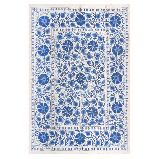 Silk Hand Embroidered Uzbek Suzani Wall Hanging in Cream & Light Blue