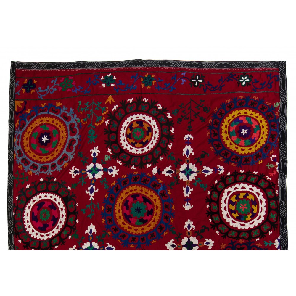 Silk Embroidery Bed Cover, Burgundy Red Throw, Vintage Wall Hanging, 1990s Tablecloth
