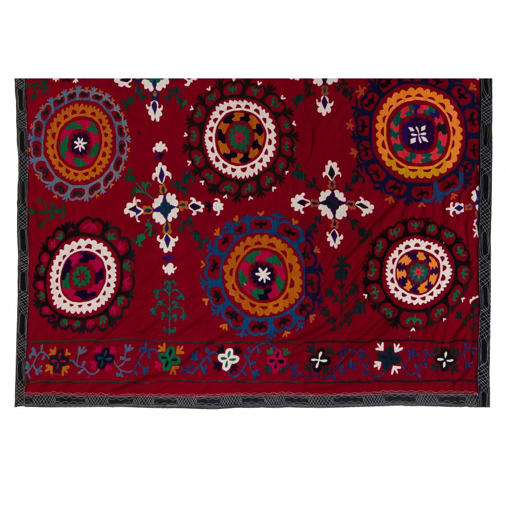 Silk Embroidery Bed Cover, Burgundy Red Throw, Vintage Wall Hanging, 1990s Tablecloth