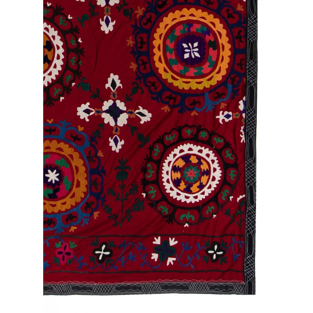 Silk Embroidery Bed Cover, Burgundy Red Throw, Vintage Wall Hanging, 1990s Tablecloth