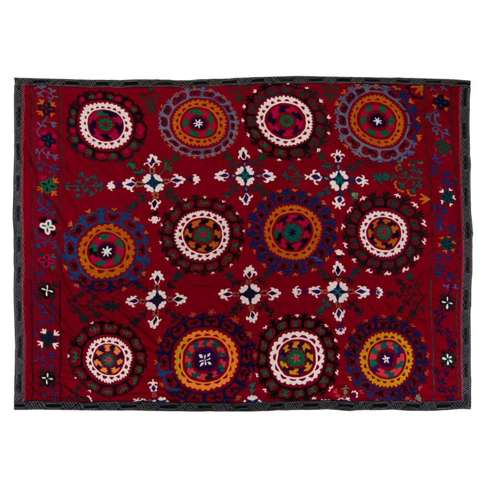 Silk Embroidery Bed Cover, Burgundy Red Throw, Vintage Wall Hanging, 1990s Tablecloth