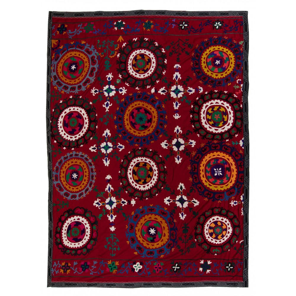Silk Embroidery Bed Cover, Burgundy Red Throw, Vintage Wall Hanging, 1990s Tablecloth