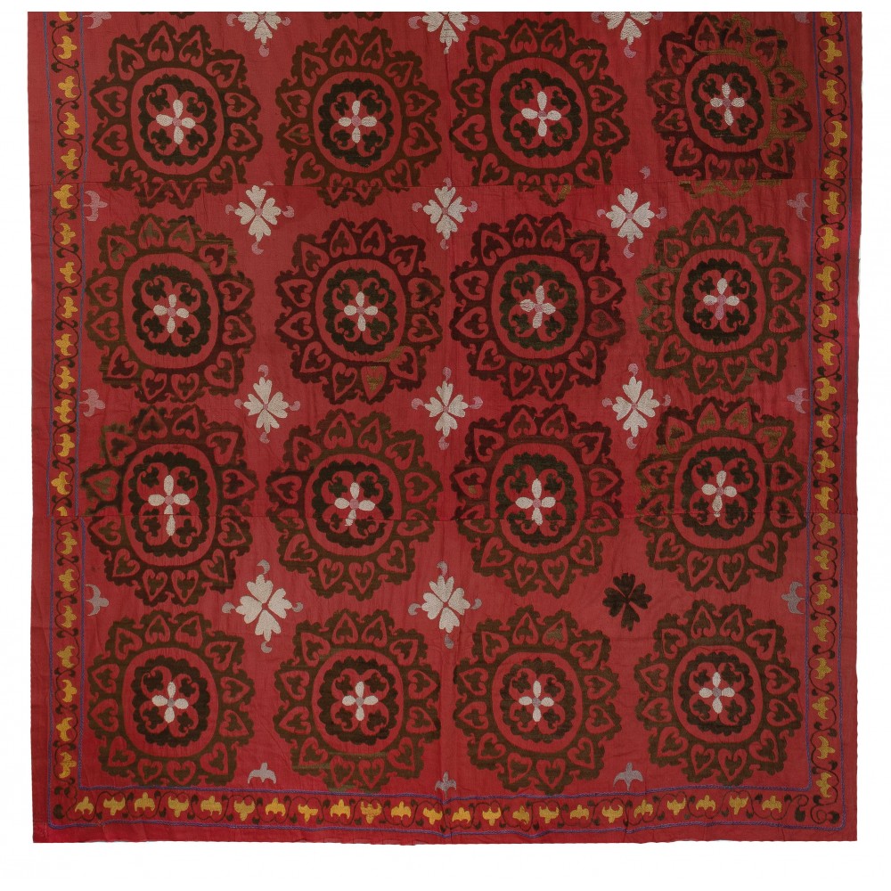 Central Asian Suzani Textile. Embroidered Cotton & Silk Bed Cover, Wall Hanging