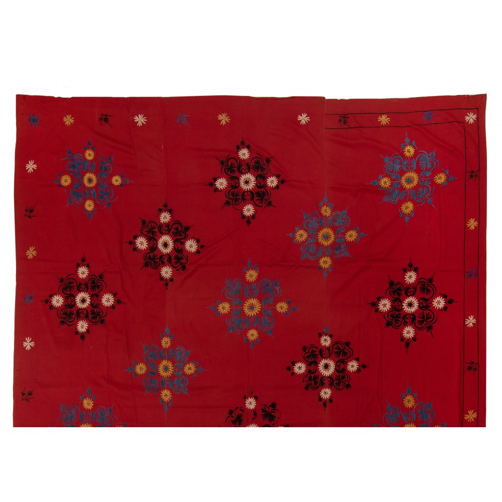 Decorative Silk Embroidery Wall Hanging, Vintage Asian Bedspread, Suzani Textile Tablecloth, Red Sofa Throw