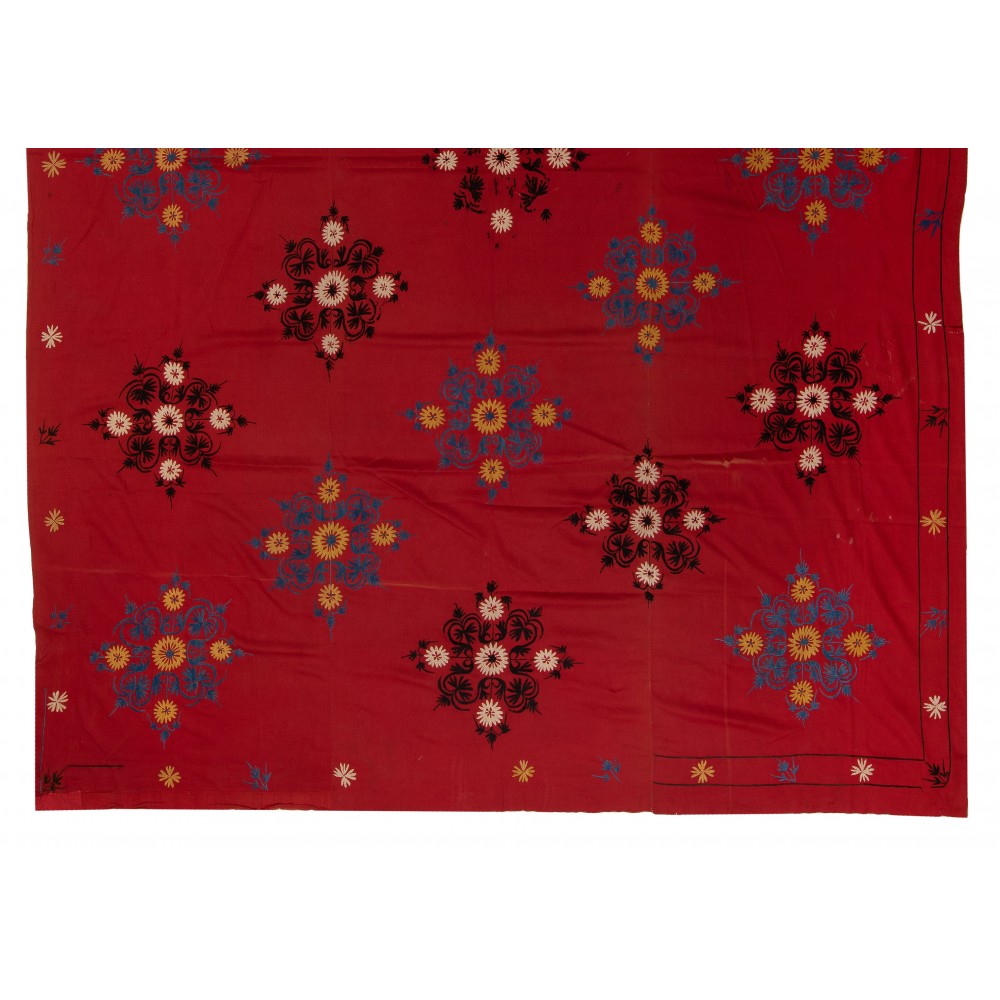 Decorative Silk Embroidery Wall Hanging, Vintage Asian Bedspread, Suzani Textile Tablecloth, Red Sofa Throw