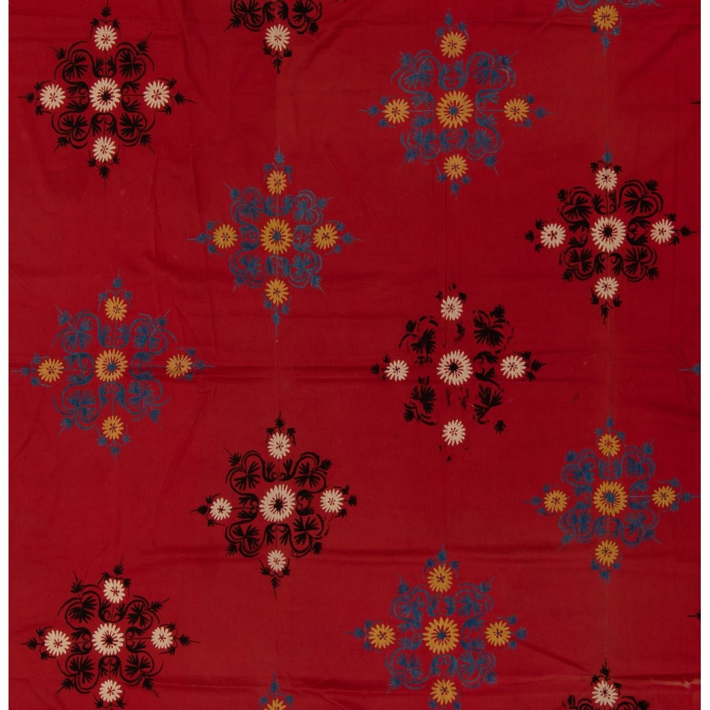 Decorative Silk Embroidery Wall Hanging, Vintage Asian Bedspread, Suzani Textile Tablecloth, Red Sofa Throw