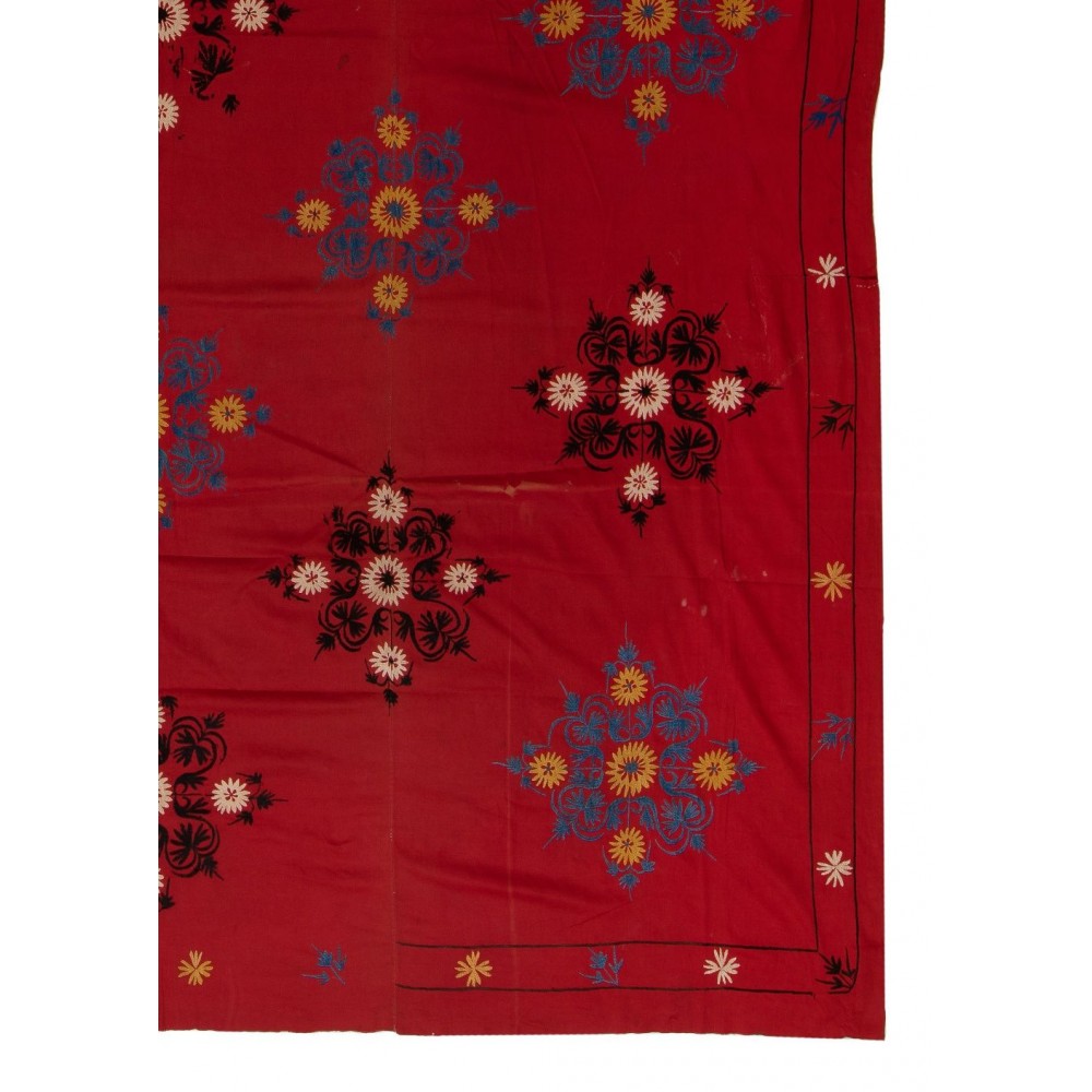 Decorative Silk Embroidery Wall Hanging, Vintage Asian Bedspread, Suzani Textile Tablecloth, Red Sofa Throw