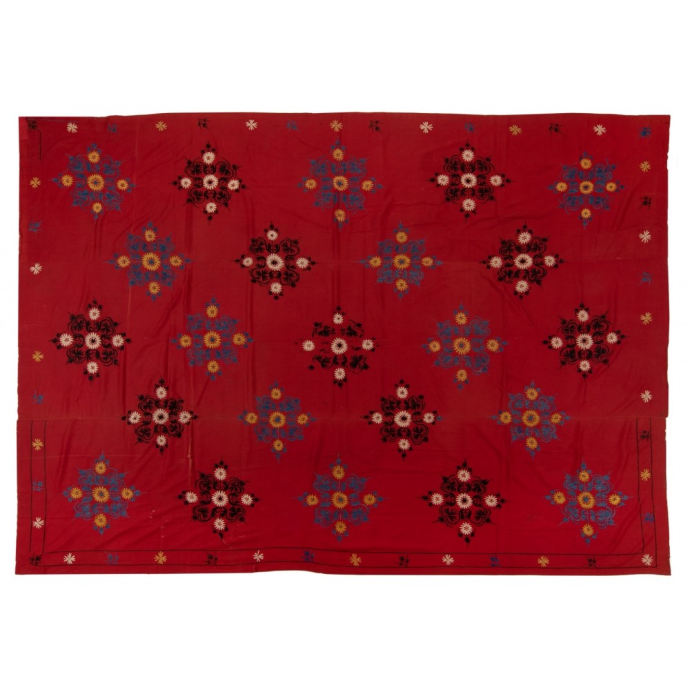 Decorative Silk Embroidery Wall Hanging, Vintage Asian Bedspread, Suzani Textile Tablecloth, Red Sofa Throw