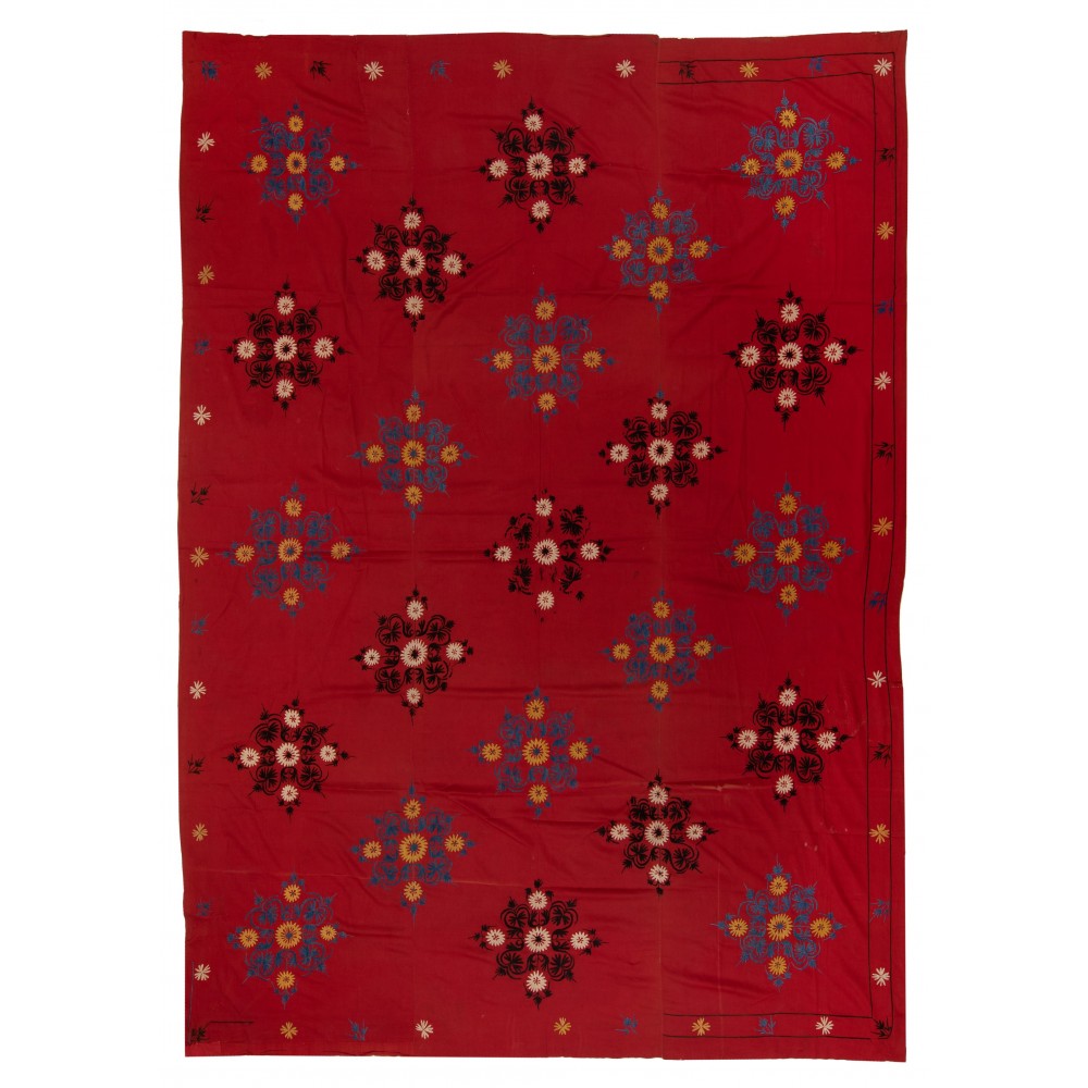 Decorative Silk Embroidery Wall Hanging, Vintage Asian Bedspread, Suzani Textile Tablecloth, Red Sofa Throw