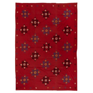Vintage Silk Embroidery Wall Hanging. Uzbek Bedspread. Suzani Textile Tablecloth. Red Sofa Throw